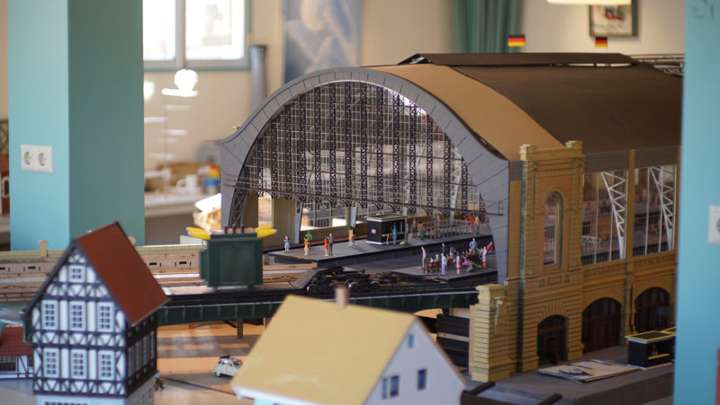 A scale model of a train station, made with the laser machine.