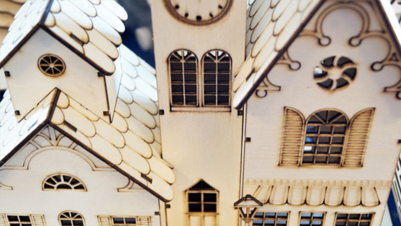 Miniature church building made of wood by laser machine