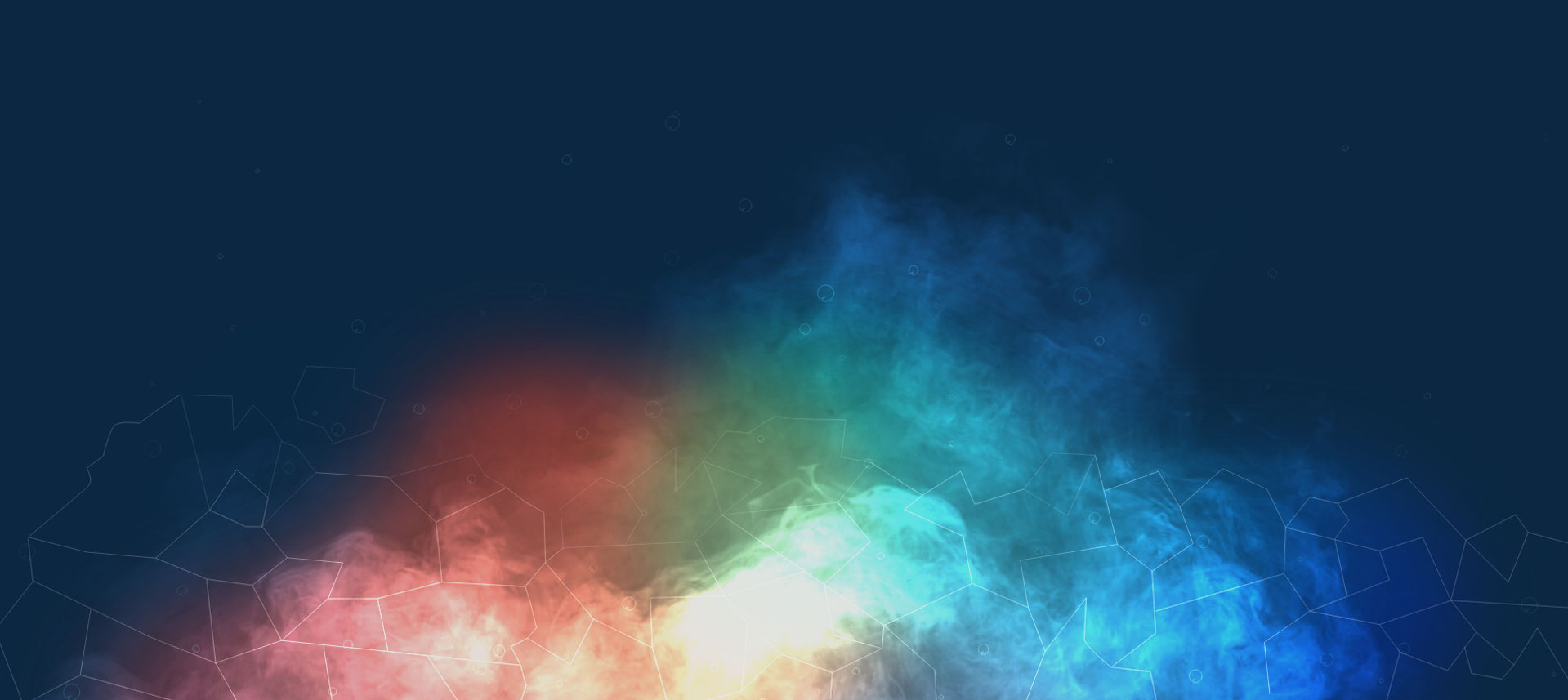 Dark blue header background with colored smoke and patterns.