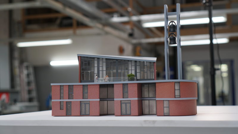 A laser-cut model of an apartment complex at Spaaij Maquettebouw.