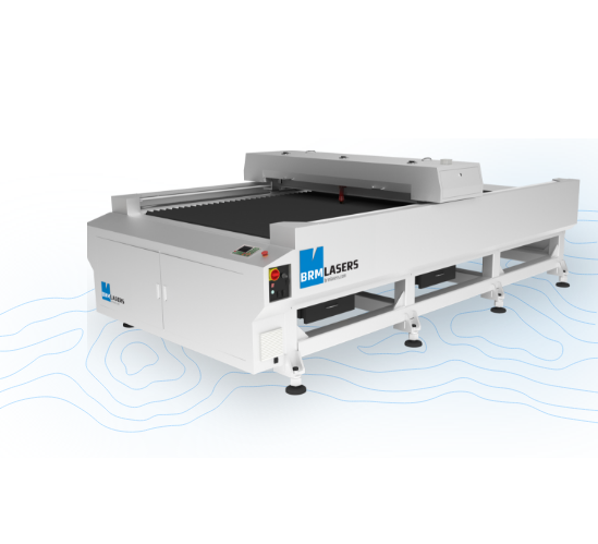 A BRM Open Bed laser machine with blue background and illustration.